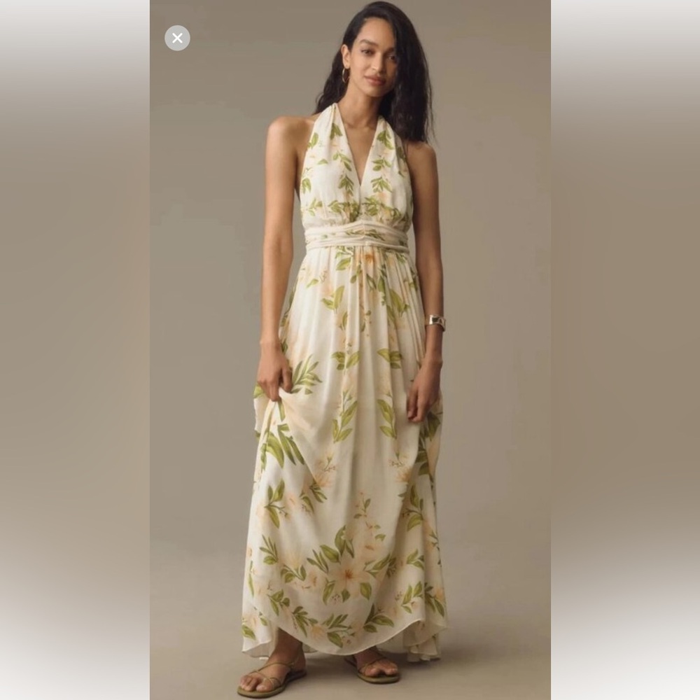 Anthropologie Cream Floral Backless Halter Maxi Dress